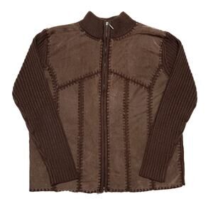 Cal Fashion Vintage Patchwork Panel Jacket Knit Stitching Brown Zip Up Grunge